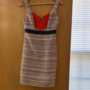 Milly Striped Midi Dress with Red Neckline and Navy Waist